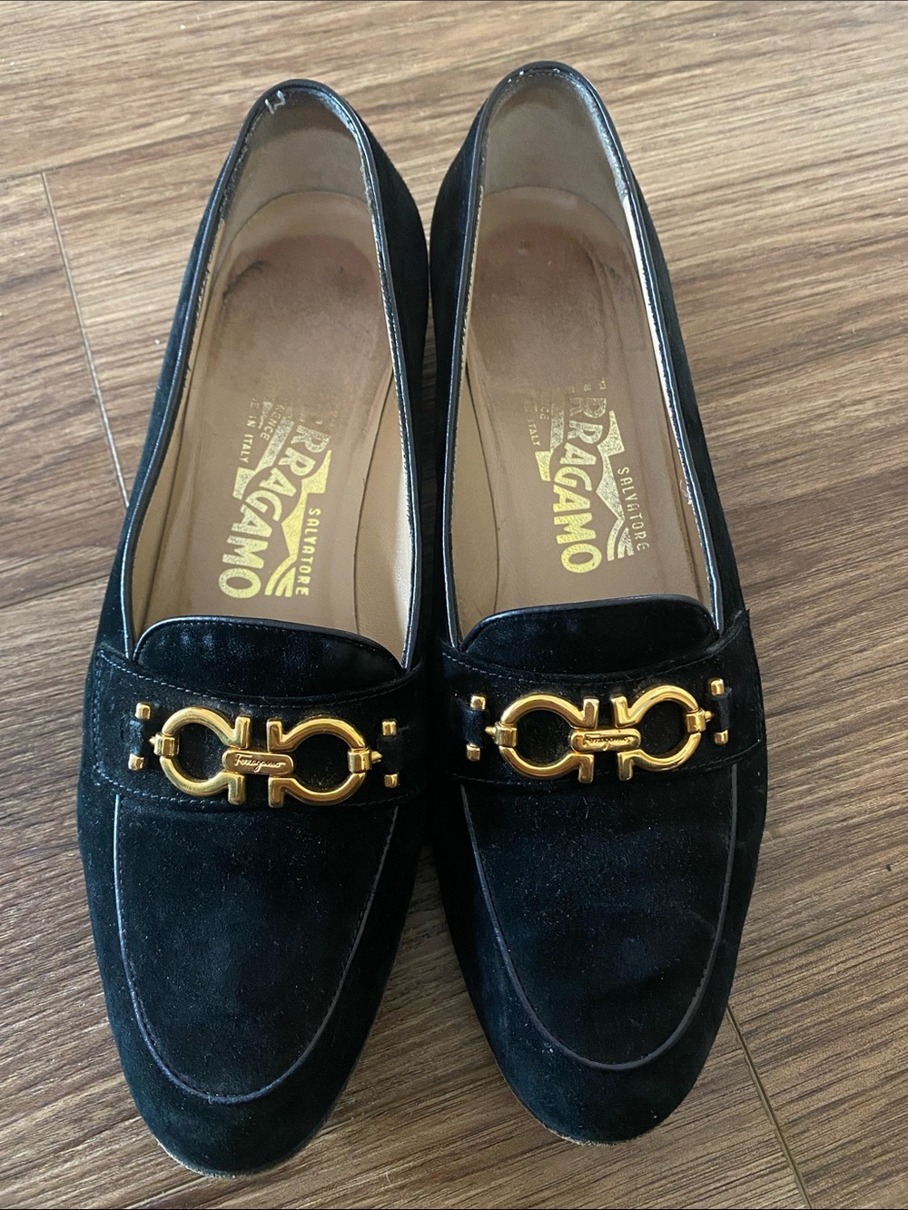 Salvatore Ferragamo loafers BABS Double Gancini black Nubuck Women 6.5 - Picture 2 of 8